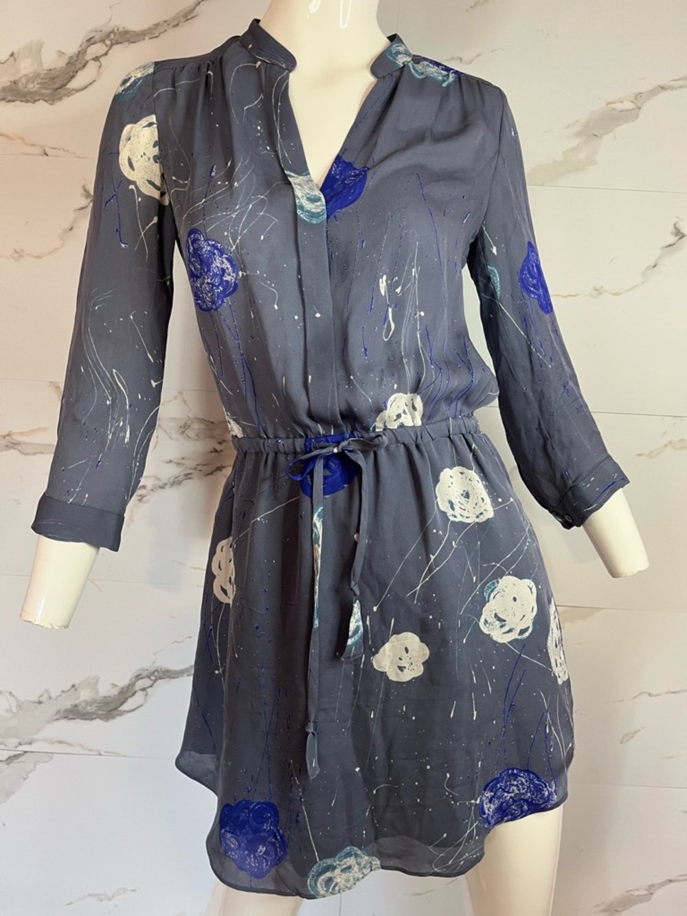 Babaton 100% Silk Slate Blue Paint Print 3/4 Sleeve Mini Dress Pockets Size XXS